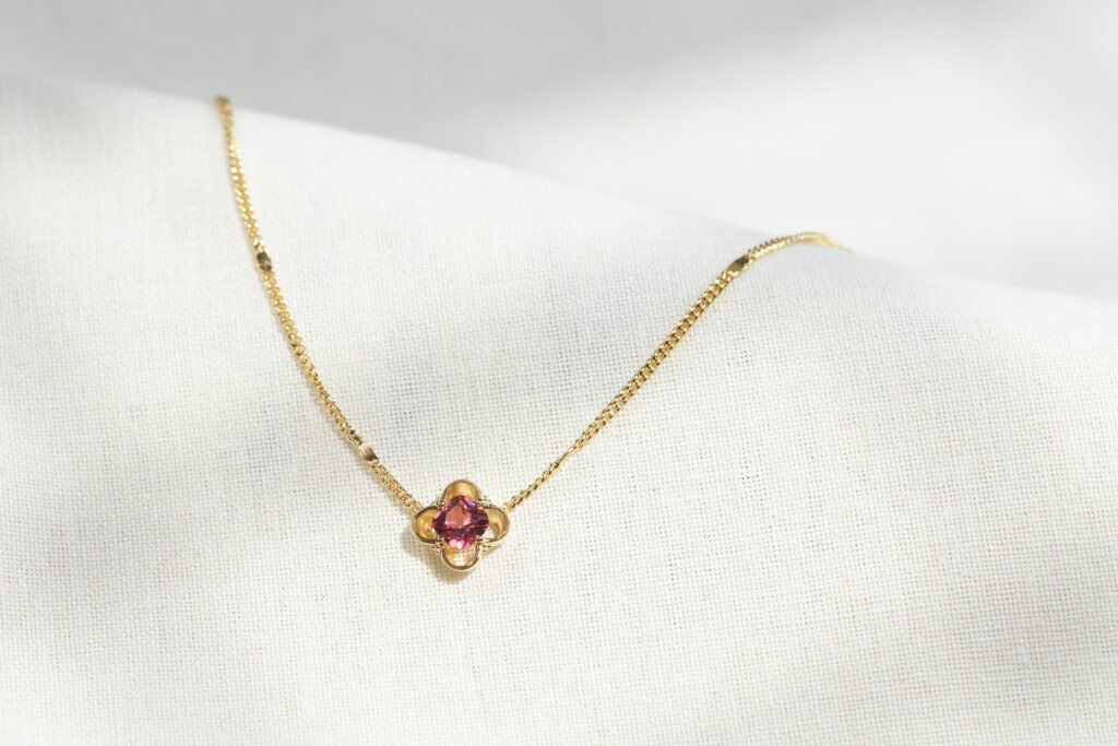 18K Gold Vermeil Petite Quatrefoil Pink Tourmaline Necklace